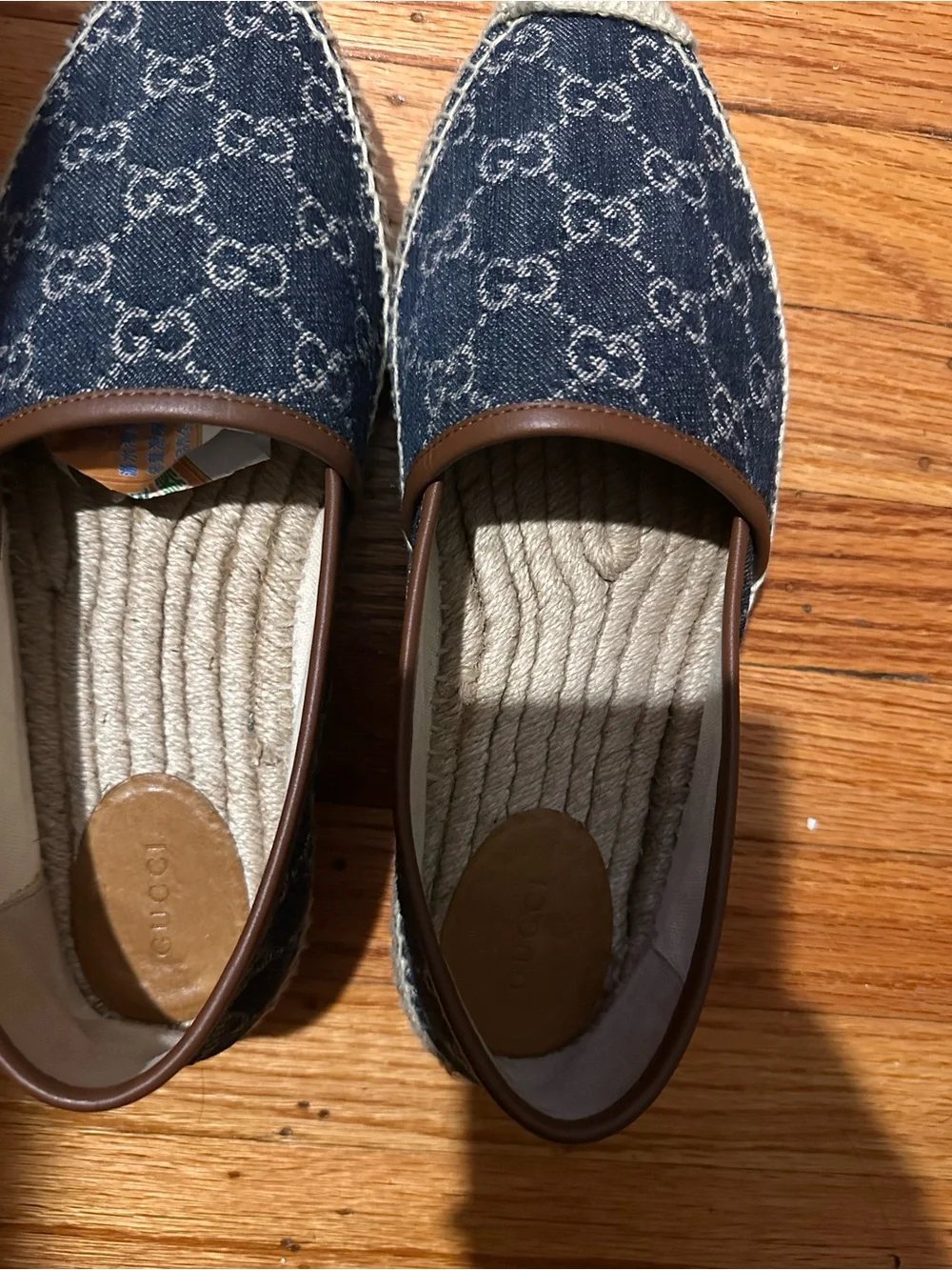 Gucci Blue Denim Monogram Espadrille Loafers with Brown Trim